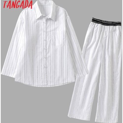 Tangada 2021 Women 100% Cotton Tracksuit Sets Blue Loose Shirt Trousers 2 Pieces Sets Long Sleeve Blouse Pants Suits 6L38