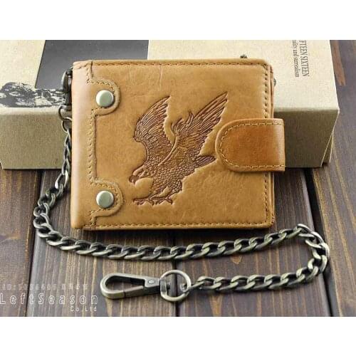 Western Biker Trucker Leather Bifold Snap Wallet With Chain for Mens or Boys Bw2