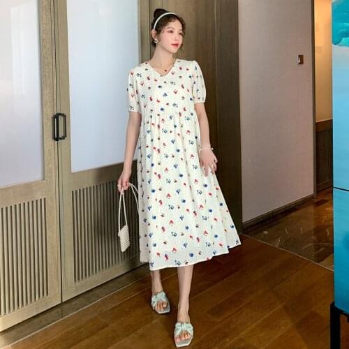 2021 Summer Korean Fashion Floral Print Chiffon Maternity Long Dress V Neck Slim Waist A Line Clothes for Pregnant Women