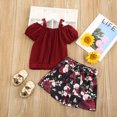 Fashion Kids Girl Clothes Wine Red Retro Outfits Off Shoulder T shirt and Bandage Bow Flower Short Pants