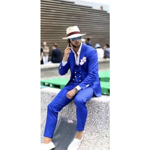 Newest Design Royal Blue Men Suits Groomsmen Peak Lapel Groom Tuxedos Wedding Prom Dinner Best Man Blazer ( Jacket+Pants+Vest)