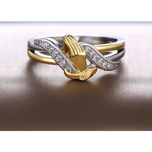 Huitan New Come Religious Pray Ring Bands Fashion Two Tone With Micro Paved Double Hands Design Daily Accessories Wholesale Lots