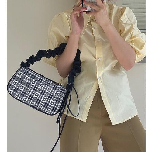 Women Nylon Small Purse Handbags Fashion Simple Plaid Female Drawstring Strap Shoulder Bags Retro Plaid Ladies Underarm Bag Tote