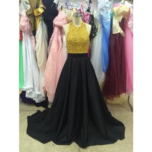 A-Line Real photo Scoop Gold Beaded Satin Floor Length Open Back Special Occasion Dresses Prom Evening Dresses