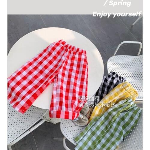 2021 Spring Summer Girls Casual Wide Leg Plaid Ankle Length Pant Baby Kids Children Trousers