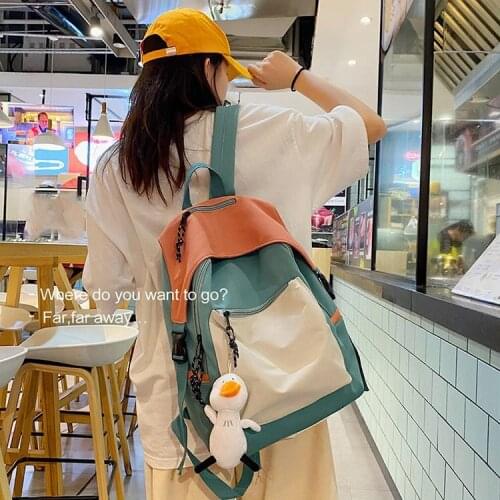 Japanese Color-Block Duck Canvas Womens Backpack High Capacity Back To School Bag Teenage Girls Travel Students Mochila Bolsa