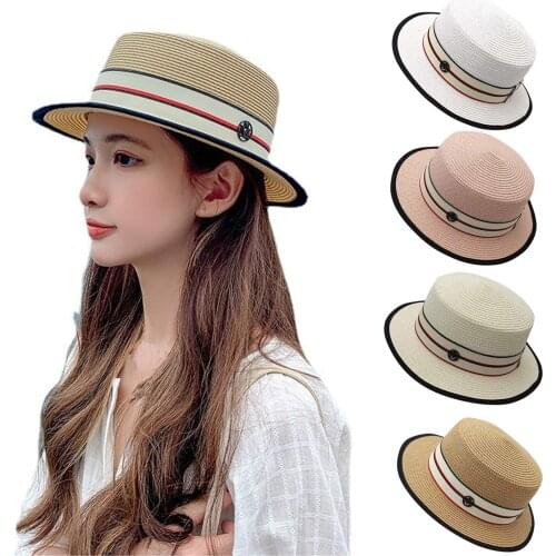 Ladies Summer Sunshade Sun Hat Beach Holiday Straw Cap French Flat Solid Color Personalized Ring Belt Lovely Girls Lady Fan Hat