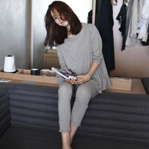 Womens Modal Nightwear Spring Long-sleeved Pajamas Comfortable Breathable Elastic Home Wear Round Neck Solid Sleepwear 2 Piece