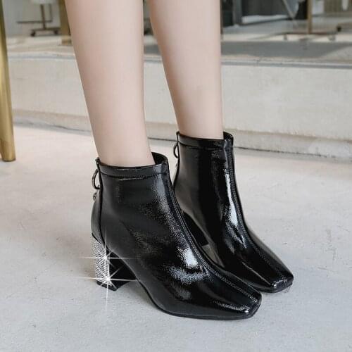 Fashion womens shoes spring and autumn style square head shiny solid color shiny thick heel temperament womens shoes U22-03