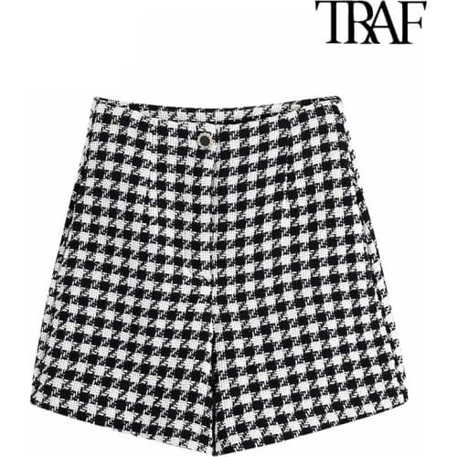 TRAF Women Fashion Houndstooth Tweed Bermuda Shorts Vintage High Waist Zipper Fly Female Short Pants Mujer