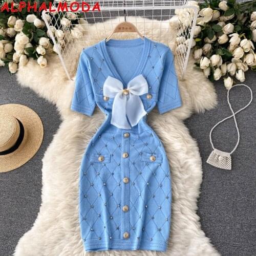 ALPHALMODA 2021 Autumn New Sparkling Crystal Inbedded Bow Collar Women Vintage Short-sleeved Knitted Wrap Dresses