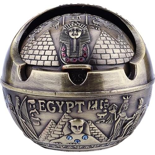 1Pc Ashtray with Lid Windproof Creative Metal Egypt Style Ashtray Desktop Decor Cigarette Butt Container for Home Cafe Office