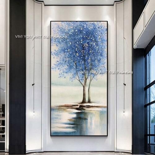 The Blue Tree River Abstract Handmade Thick Oil Painting Canvas Corridor Palette Wall Art for Home Nature Decoration No Framed