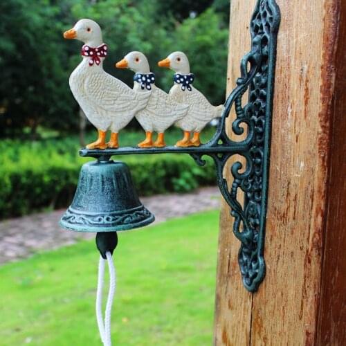 Antique Green White Duck Cast Iron Wall Bell Home Garden Hand Paint Color Double-sided Mother Son Ducks Hand Cranking Door Bell