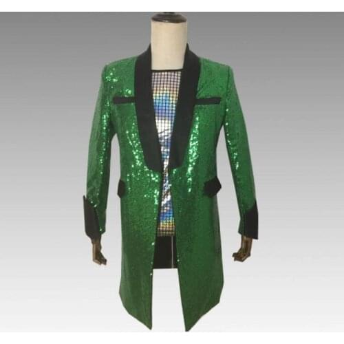 Green sequins blazer men suits designs jacket mens stage costumes for singers clothes dance star style dress punk rock masculino