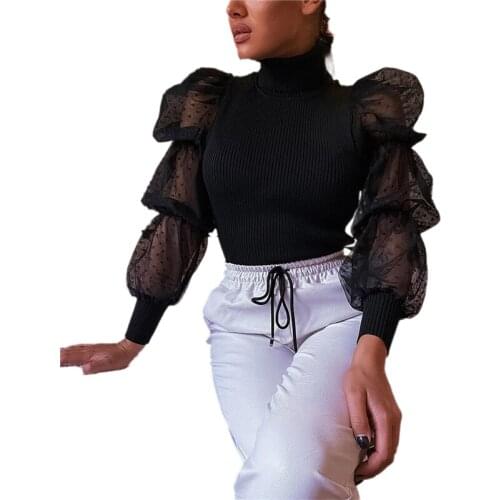 Fashion Womens Tops and Blouses Womens Mesh Stitching Puff Sleeve Shirt Top Women Clothes Ladies Tops рубашка женская