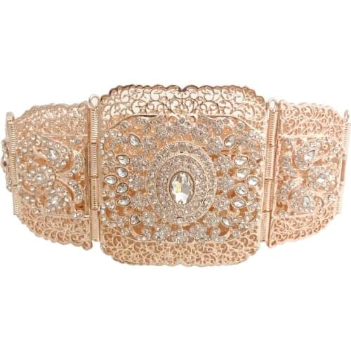 Big Size Moroccan Caftan Wedding Metal Belt For Women Bride Crystal Flower Hollow Waist Chian Algeria French Rose color Belt