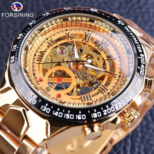 Forsining Mens Mechanical Hand Wind Watch Fashion Golden Openwork Design Number Watch Bezel Wrist Watch Stainless Steel Band