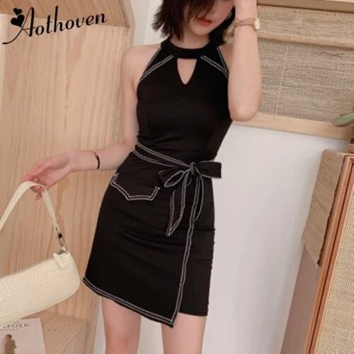 Black Pencil Dresses Sleeveless Sashes Halter Hollow Out Dress Summer 2019 Women Office Bodycon Sexy Party Ladies Dress Vestidos