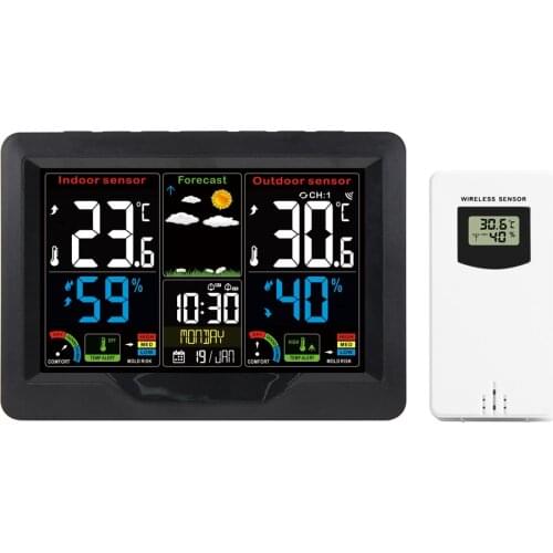 FanJu Weather Station Digital Table Desk Clock Color Screen Barometer Thermometer Hygrometer Mildew Risk with Outdoor Sensor