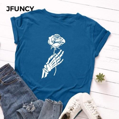 JFUNCY Halloween Skeleton Hand Women Cotton T Shirt Summer T-shirts Female Short Sleeve Tee Tops Woman Casual Tshirt