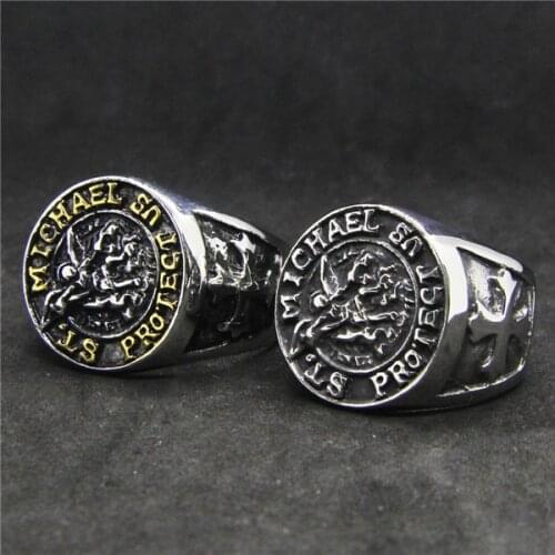 Drop Ship Cross US Ring Big Size 316L Stainless Steel Mens Golden Fashion Saint Michael Ring