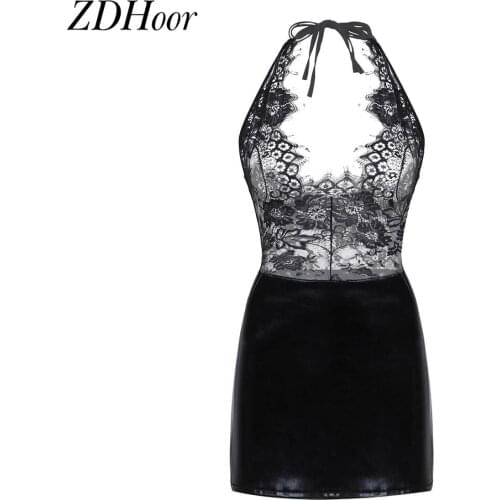 Women Sheer Lace Lingerie Set Halter Neck Backless Leather Mini Skirt Bodysuit Sexy G-String Briefs Underwear Nightclub Wear