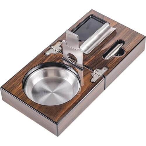 Cuban Cigar Ashtray Wood Square Box Include Cigar Cutter Holder and Hole Opener Cigar Case Humidor Smoking Accessories