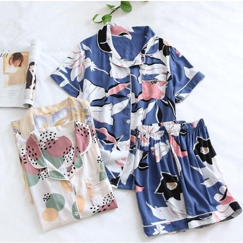 Summer ladies lapel short-sleeved shorts pajamas two-piece new style viscose elegant thin prints women home wear set nightwear