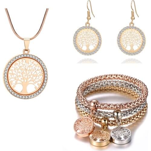 Hot Tree Of Life Crystal Round Small Pendant Necklace Bracelet Earrings Gold Color Elegant Women Jewelry Set Gifts Dropshipping