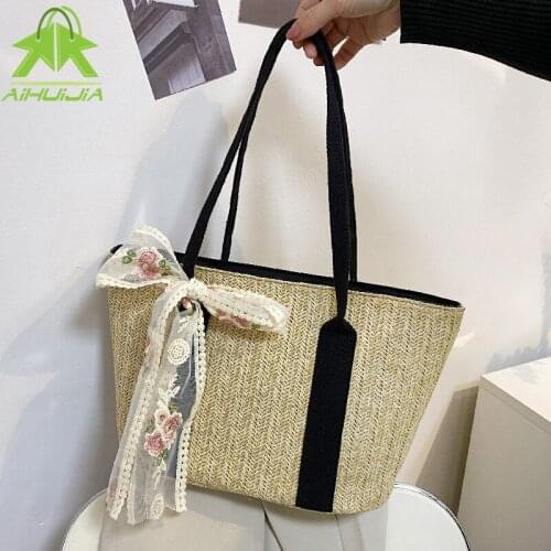 Fashionable Ribbon Straw Weaving Handbag 2021 Summer New Bohemia Rattan Shoulder Bags Casual Large Capacity Beach Holiday Bags