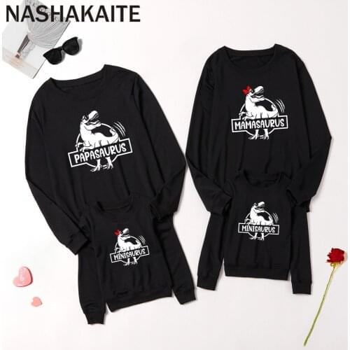 NASHAKAITE Winter Family Look Mother And Daughter Clothes Letter Dinosaur Print Sweatshirts Mother Kids Family Matching Outfits