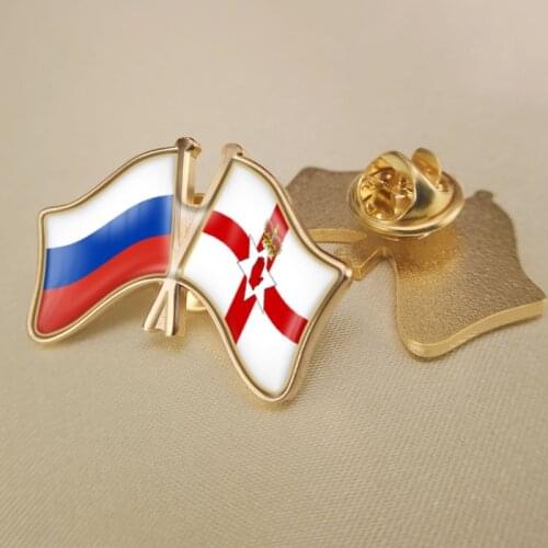 Russian Federation and Northern Ireland Crossed Double Friendship Flags Lapel Pins Brooch Badges