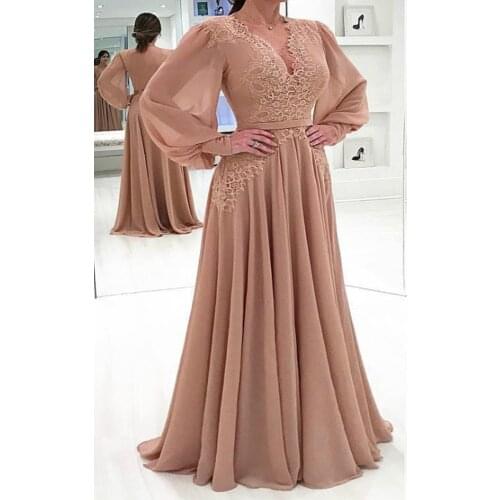 Champagne long-sleeved chiffon brides mother dress deep V-neck formal godmother dinner party guest dress plus size