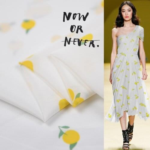 Thick yellow fruit print white fresh silk cotton blended fabric similar to silk crepe,SCT711
