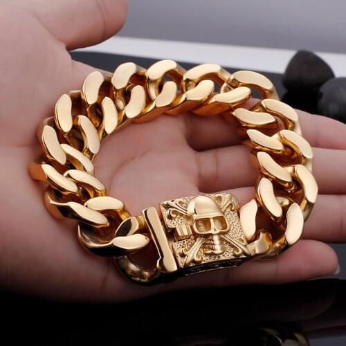 Heavy Huge 158g Mens Gothic Gold stainless steel Large 23mm Cuban Curb Link Chain skeleton Skull Bracelet 9 INCH Xmas Gifts