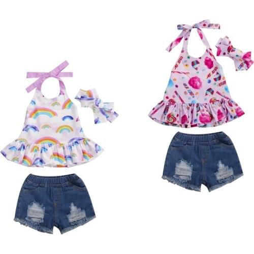 Toddler Baby Girls Ruffle Halter Crop Top Shirt+Ribbed Jean Shorts Summer Outfits Clothes Sets
