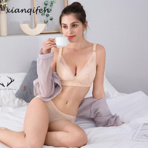 Xianqifen ultra thin lace bras sets for women summer plus size top bh panties sexy brief floral brassiere girl push up BCD 36
