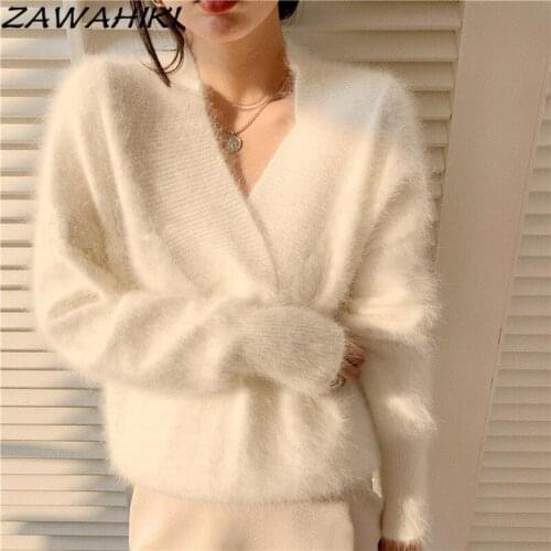 ZAWAHIKI Womens Clothes Fashion Gentle Wind Solid V Neck Mink Wool Sweater Pullover Long Sleeve Casual Loose Furry Sweaters