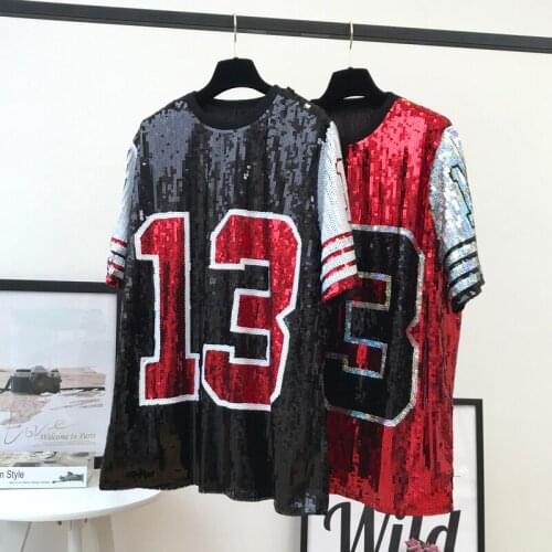 H80&S90 Stylish Loose Sequined Digital Contrast T-Shirt Women Harajuku T Shirt Trendy Hip-Hop Performance Sequins Top