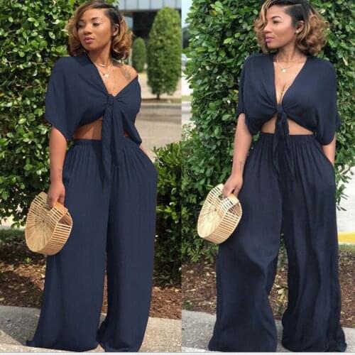 2 PCS Womens Pantsuits Short Sleeve Bow Shirts +High Waist Pants Plus Size Sexy Outsuit PantSet Playsuit Trouser Suits Jumpsuit