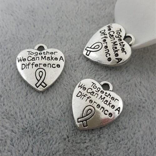 18*16MM " Together we can make a difference" jewelry heart ribbon breast cancer awareness charm, antique silver color charm