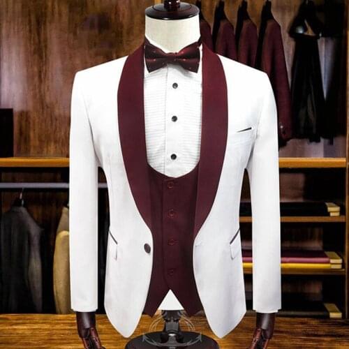 2020 Marriage Men Suits Italian Style Cotton White one button groom wedding Suits Three pieces Blazers+pants+vest Party Occasion
