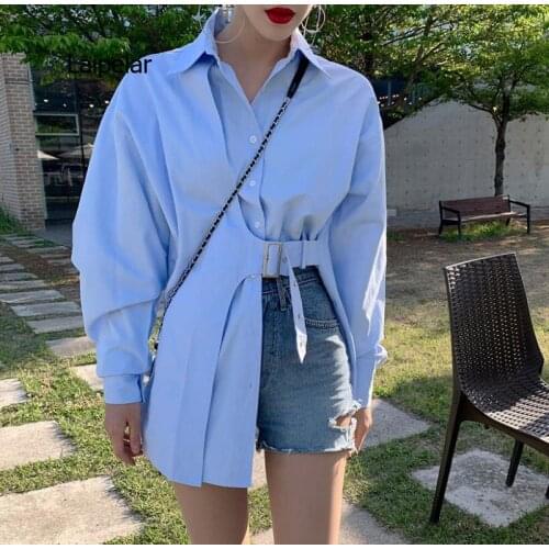 2021 Spring Autumn New Long-sleeved Simple Fashion Trend Ladies Blue Irregular Shirt Coat Plus Size Blouse Tops