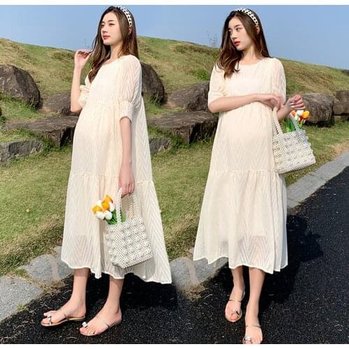 8070# Summer Korean Fashion Maternity Long Dress Elegant A Line Loose Clothes for Pregannt Women Pregnancy Clothing