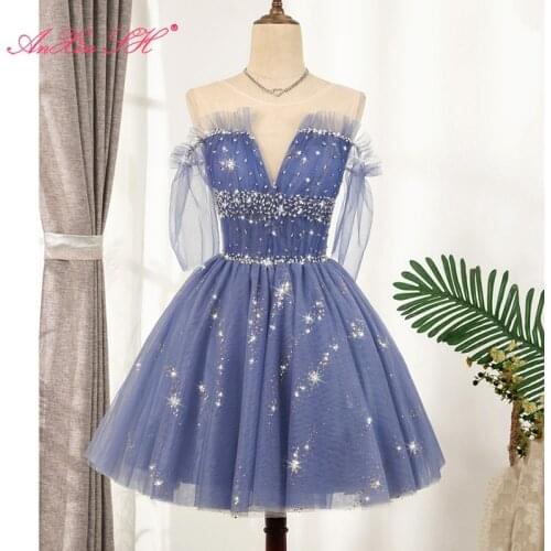 AnXin SH Luxury princess blue lace evening dress host illusion beading crystal lace up o neck ruffles party short evening dress
