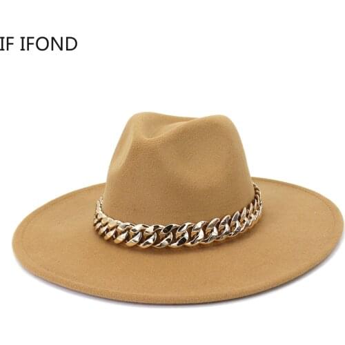 Big Wide Brim 9.5cm Jazz Fedoras Cap With Thick Gold Chain Band Belt New British Style Men Women Party Formal Top Hat