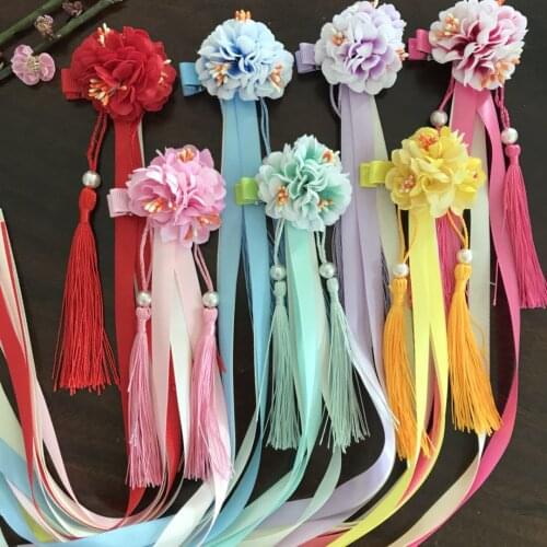Childrens Chinese style silk flower fringed headdress hair clip Liu Hai clip COS Hanfu headdress flower daisy streamer hair cli