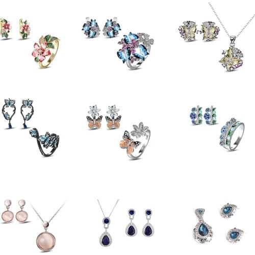 Luxury exquisite S925 enamel flower butterfly geometric jewelry women engagement wedding pendant earring ring jewelry set