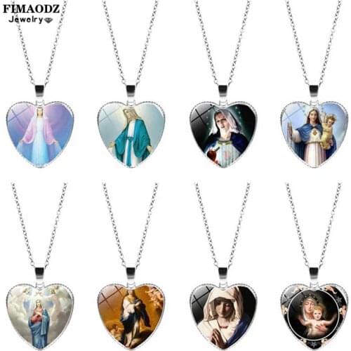 FIMAODZ 11 Style The Blessed Virgin Mary Necklace Mother Baby Art Photo Heart Shape Glass Crystal Pendant Chain Jewelry